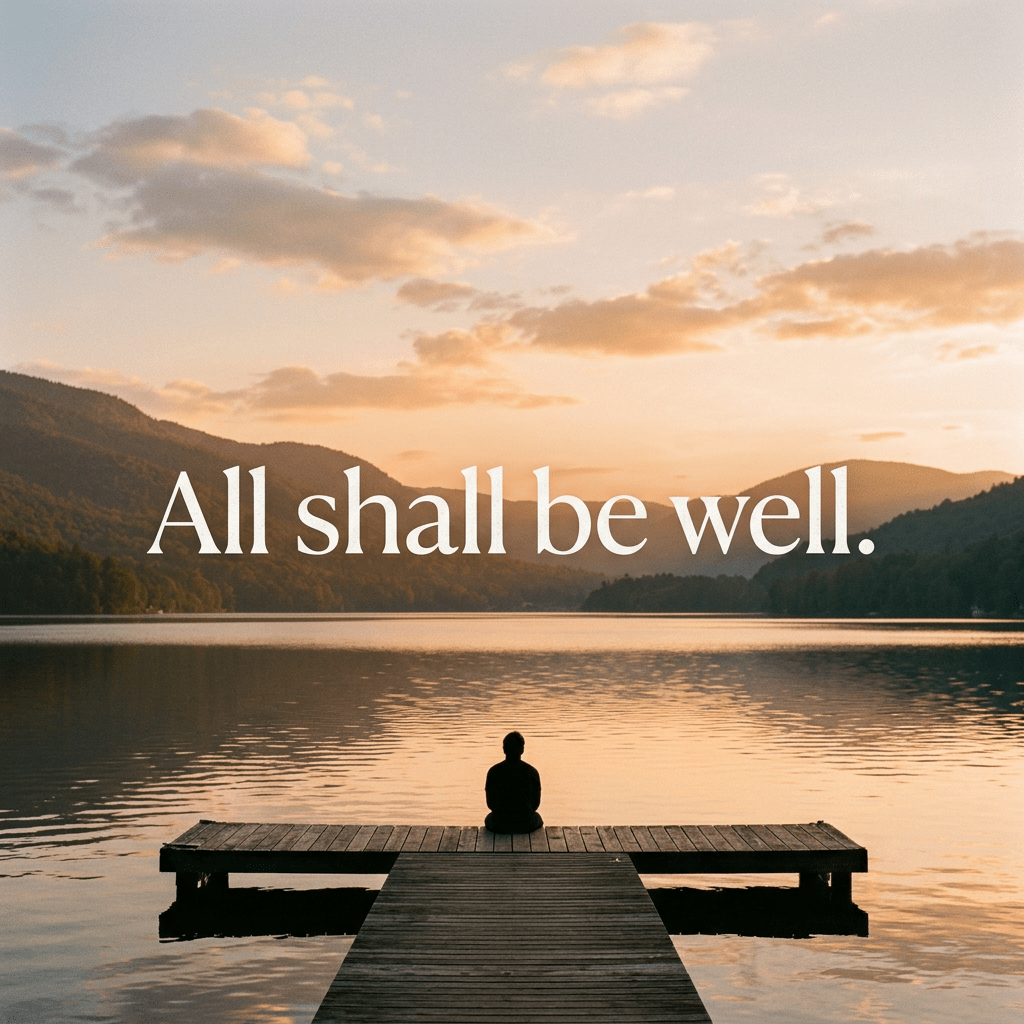 Person sitting on wooden dock facing calm lake with hills and sunset sky